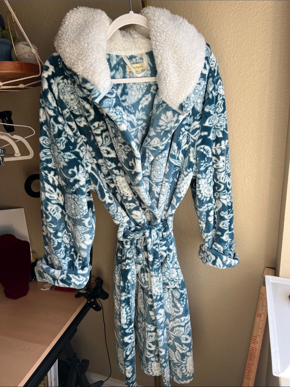 Cozy Teal Floral Sherpa-Lined attached  Hood botanical Wrap Robe with pockets